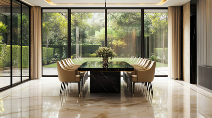 A stunning modern dining room featuring a long, polished walnut dining table with sleek gold accents. v2