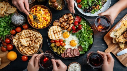 A group of friends share a diverse meal at a dinner table, signifying camaraderie and the joy of communal dining, with an array of colorful dishes and drinks.