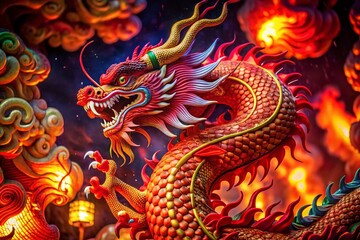 Fototapeta premium Vibrant Chinese Red Dragon Wallpaper Featuring Intricate Scales and Fiery Background Design Elements