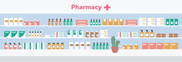 Pharmacy product shelf display illustration. Drug store product shelf display. Pharmacy shop interior. Pharmacy store. Medicine store. Drug store. Medical shop. Cosmetics store. Minimarket.