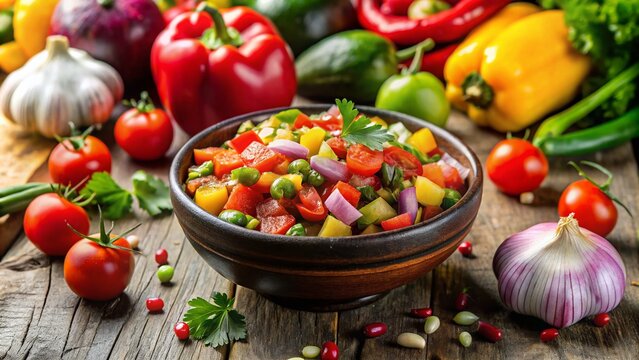 Vibrant Chirmol Salsa with Fresh Ingredients in a Bowl Surrounded by Colorful Vegetables and Spices
