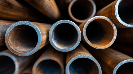 Symmetrical arrangement of stacked steel pipes with visible interior textures, creating a geometric pattern and industrial aesthetic in a factory or construction setting.