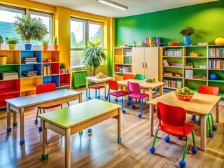 Vibrant classroom environment showcasing educational tools, books, and colorful learning materials