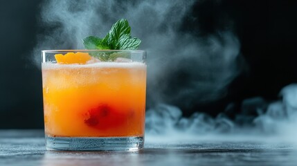 A chilling cocktail garnished with mint and citrus, enveloped in smoke, showcases a fusion of flavors and artistic presentation, inviting indulgence.