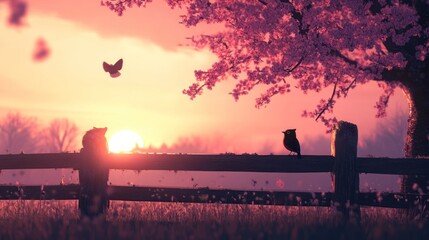 A serene sunset scene with cherry blossoms, birds, and a tranquil fence.