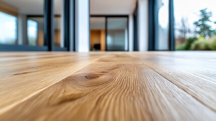 The image captures a wooden floor that leads toward sleek glass sliding doors, highlighting seamless transition, modernity, and open interior living space.