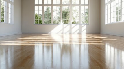 Fototapeta premium An empty, bright room with shiny wooden flooring, large windows allowing sunlight to stream in, showcasing a simplistic yet elegant architectural design.