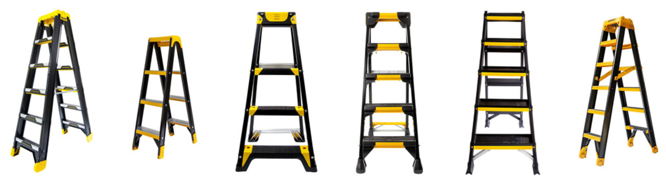 Stepladder isolated on transparent background, centered product photo, black and yellow, generative ai