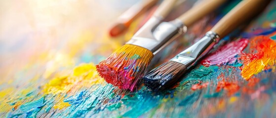 Fototapeta premium A collection of paint brushes atop a vibrant, paint-splattered table, adjacent to a mound of additional brushes