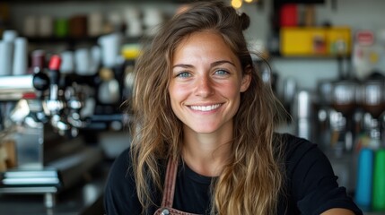 A friendly barista in a bustling cafe smiles warmly, surrounded by coffee machine and paraphernalia. This scene captures the dynamic and inviting cafe atmosphere.