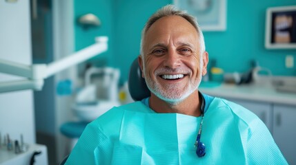 A senior man sits contentedly in a dentist's office with teal-colored walls, smiling broadly, embodying confidence and wellness in healthcare environments.