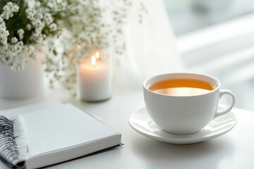 A serene setup featuring a cup of tea, a candle, a notebook, and flowers.