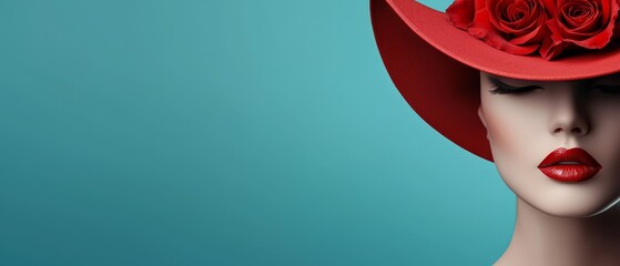  A mannequin's head wears a red hat adorned with roses on the brim, and sports a red lip