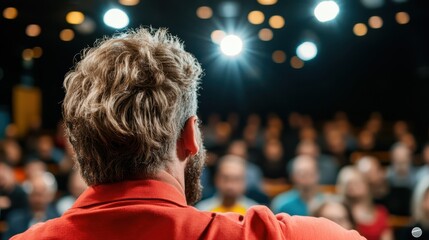 A charismatic speaker in a bold red shirt engages an intrigued audience under bright lights, signifying passion, argumentative flair, and captivating dialogue.