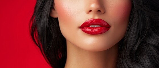 Fototapeta premium A tight shot of a woman's face with long black tresses and vivid red lipstick against a bold red backdrop