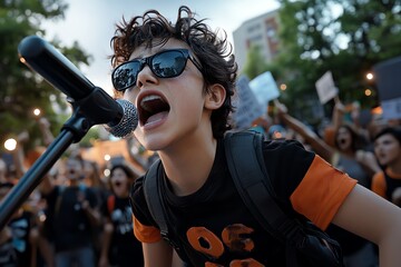 Hyper-realistic image of a young activist leading a protest, their voice and leadership resonating with those around them, every detail of the moment captured with lifelike intensity