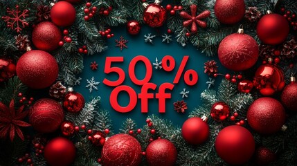 Decorative red ornaments and festive greens featuring 50 percent off discount for Christmas season sale