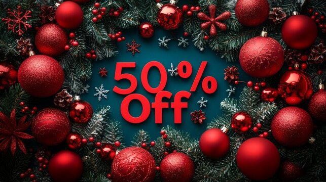 Decorative red ornaments and festive greens featuring 50 percent off discount for Christmas season sale