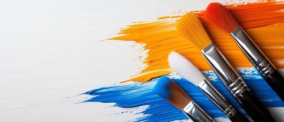 Obraz premium A collection of brushes, arranged on a pristine white tabletop Brushes bear orange and blue paint