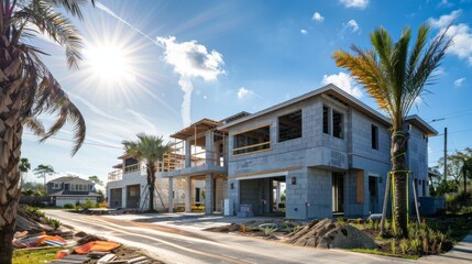 A house under construction with a palm tree in the background