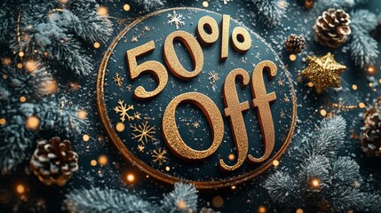 Holiday sale announcement with festive decor featuring 50 percent off discount on products