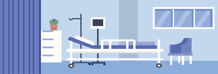 Hospital room illustration.  Bed in hospital room. Hospital emergency room. Emergency unit. Hospice. Medical center. Public health center. Nursing home.