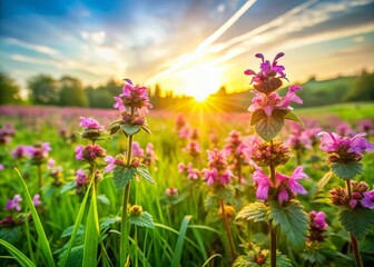 Fototapeta premium Vibrant Common Henbit Blooming in Springtime Meadow with Soft Green Grass Background and Sunlight