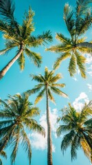 A vibrant view looking up at tall palm trees against a bright blue sky with scattered clouds, creating a tropical and serene atmosphere