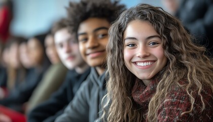Obraz premium A group of happy teens enjoying a moment together, showcasing friendship and youthful energy in a vibrant setting.