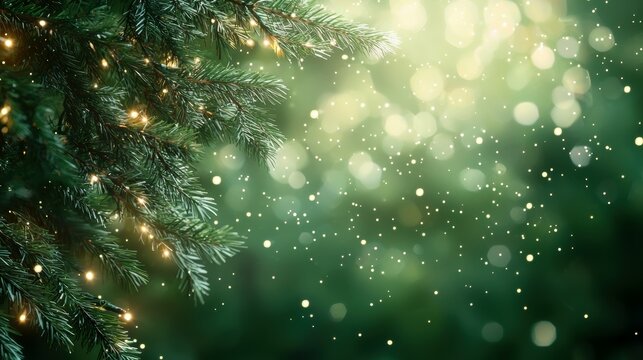 A serene image featuring evergreen branches adorned with warm lights, set against a soft, shimmering green bokeh background, evoking a festive, magical atmosphere