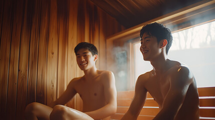 Relaxed asian friends enjoying sauna experience together