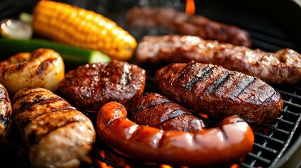Fototapeta premium A sizzling BBQ grill loaded with a variety of meats and vegetables, including sausages, steaks, and corn, showcasing a perfect summer cookout scene.