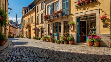 Fototapeta premium A picturesque cobblestone street in a small European town, with charming old buildings, colorful facades, and flower boxes on the windows, evoking a sense of history and nostalgia
