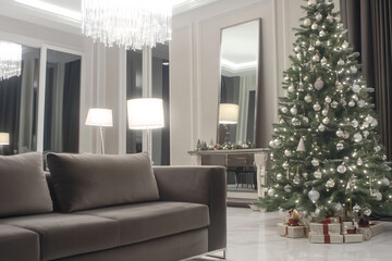 Obraz premium Elegant living room decorated for Christmas with a beautifully adorned tree and festive lighting in the evening