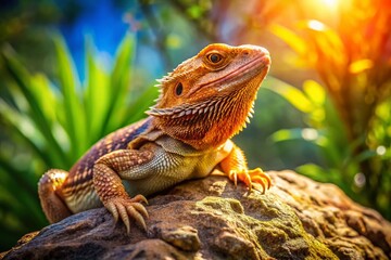 Vibrant Dragon Bearded Lizard Resting on a Rock with Natural Habitat Background in Bright Sunlight