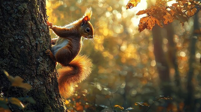  A squirrel perched atop a tree trunk amidst a dense forest of towering trees and rustling leaves