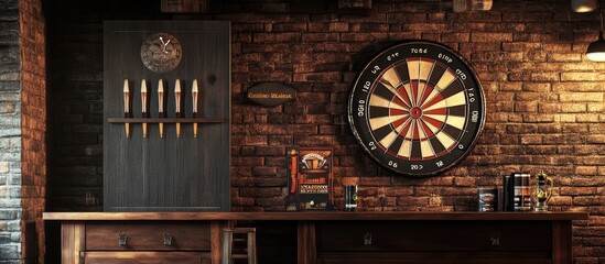 Rustic Bar with Dartboard, Wooden Counter, and Decor