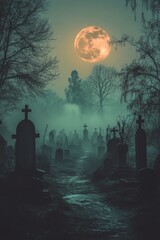 A haunting graveyard scene under a full moon, enveloped in fog, creating an eerie and mysterious atmosphere.