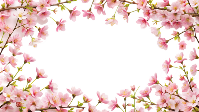 Cherry blossom flower branch border , frame on white background.AI GENERATED