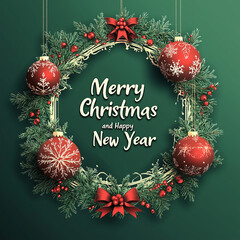 Zielona, bożonarodzeniowa girlanda z czerwonymi bombkami, kokardami i owocami, otaczająca napis "Merry Christmas and Happy New Year" na zielonym tle. © Silent26