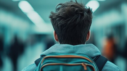A traveler with disheveled hair and a hoodie walks through a bustling subway tunnel, epitomizing urban life, movement, and the constant flow of city existence.