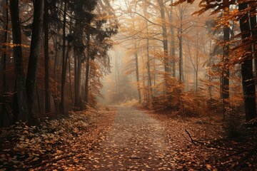 Fototapeta premium Autumn forest tranquility landscape treelined.