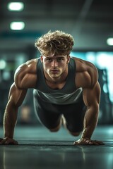 Fototapeta premium A focused young man performs an intense push-up in a gym, showcasing strength and dedication to fitness.