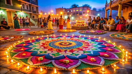 Vibrant Festival of Tihar Celebrations with Colorful Lights, Beautiful Rangoli, and Festive Atmosphere