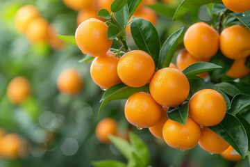 Fresh Orange Fruit onTree with Water Droplets on Leaves