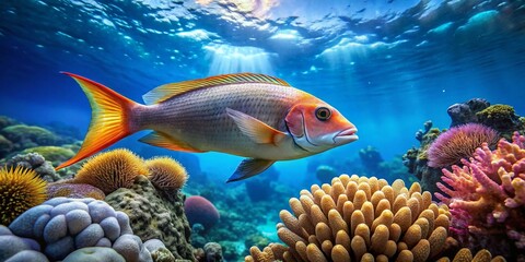 Vibrant Flipper Fish Swimming Gracefully in a Clear Blue Ocean with Coral Reef Background
