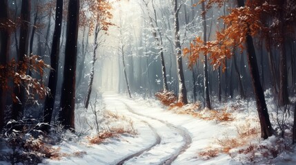 A serene winter forest path with soft snow and warm light filtering through trees.