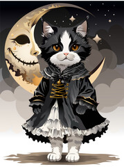 Cute cat on the costume in the dark grey backround