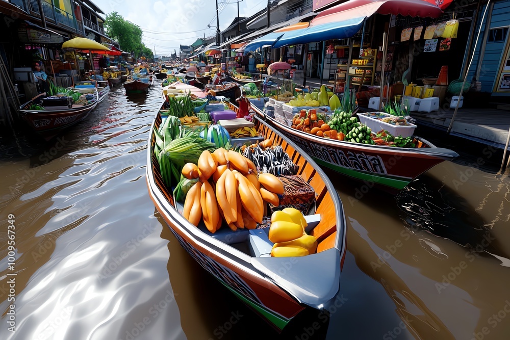 Poster interactive 3d digital scene of a floating market in thailand, where users can explore the boats, in