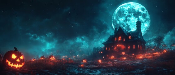 Spooky Halloween scene featuring glowing jack-o'-lanterns, an eerie house, and a full moon illuminating the night sky.